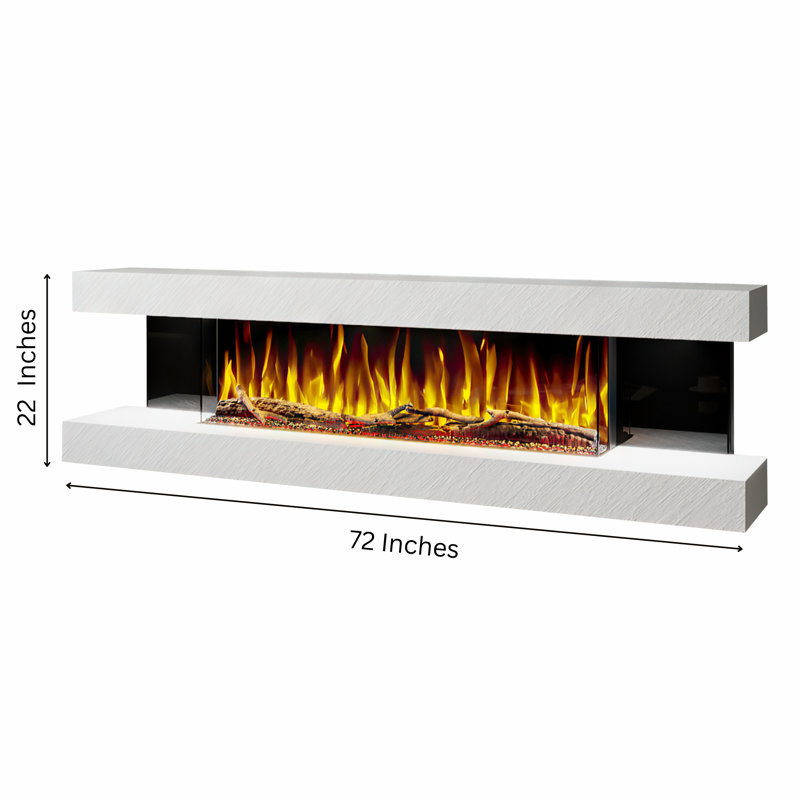Vegas 72-Inch Wall Mounted Electric Fireplace | Venetian Stone | Fully Assembled | 3-Sided Panoramic Flame | Remote Control | Led Side Lights
