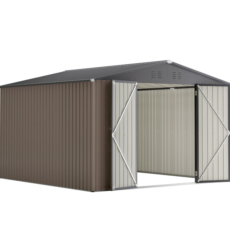 Abri de jardin en métal brun de 3 m de large, avec portes verrouillables et ventilation, idéal pour ranger l'équipement de votre terrasse ou jardin.