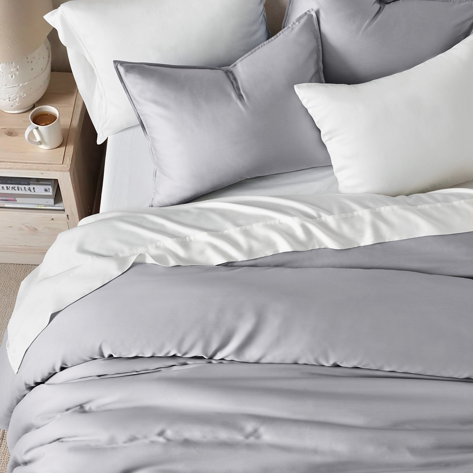 Tencel Lyocell Cooling Duvet Cover Set, Light Gray, Queen Duvet Cover + 2 Queen Shams