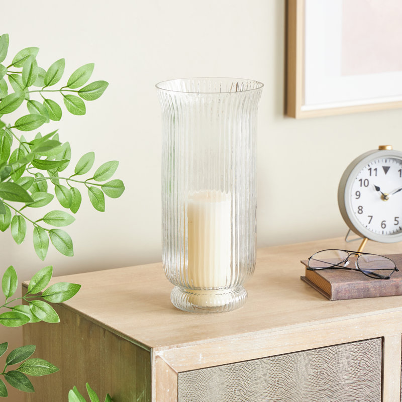 Perry And Grey Glass Ribbed Candle Holder With Elevated Base, 12.65'' H X 5.9'' W X 5.9'' D