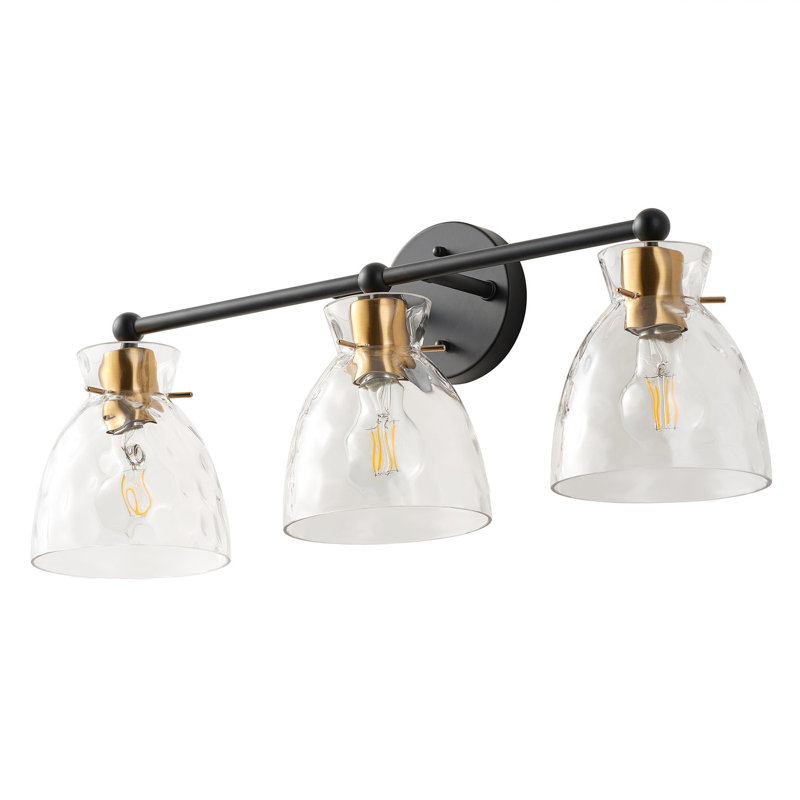 Éclairage pour salle de bain 3 lumières E26 en métal noir et laiton avec abat-jour en verre nervuré, à intensité variable, homologué UL