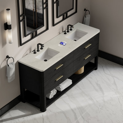 Lucian 72" Double Vanity, Pebble Oak W/ 3 CM Victorian Silver Silestone Top W/Freepower Wireless Charger