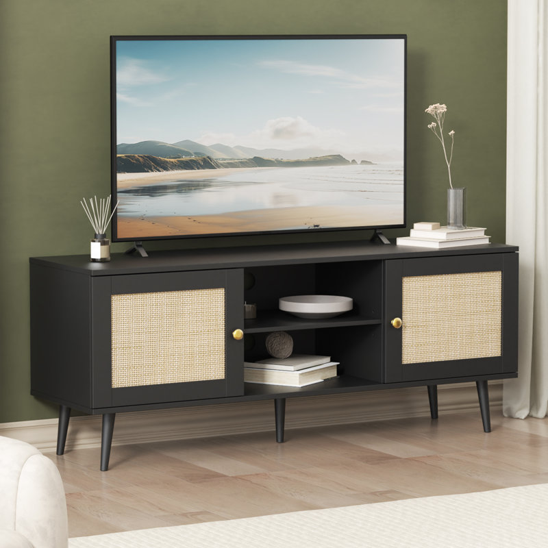 Rattan Tv Stand For 50/55/60 Inch Tv, Boho 53" Entertainment Center With Storage, Modern Mid Century Media Console With Rattan Doors And Adjustable Shelf, Wood Tv Stand For Living Room, Black