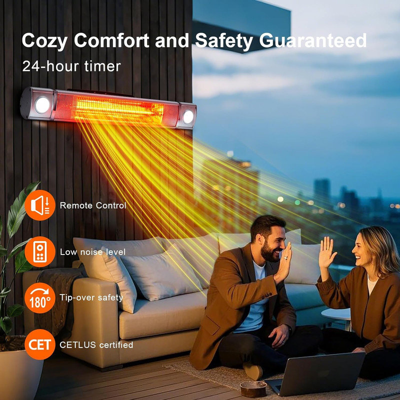 Chauffe-terrasse infrarouge 1500W - Chaufferette d'extérieur murale avec télécommande et minuterie, chaleur instantanée
