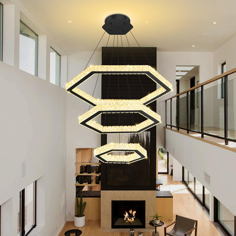 Lustre moderne à anneaux DEL et cristaux