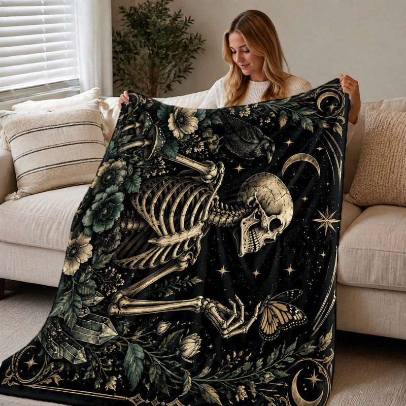 1Pcs Skeleton Butterfly Print Flannel Blanket – Artistic Gothic Design;Cozy & Warm for Home DecorPerfect Bedrooms and Living RoomsHalloween ThemeIdeal Gift Unique Tastes. Bedding and sofa items
