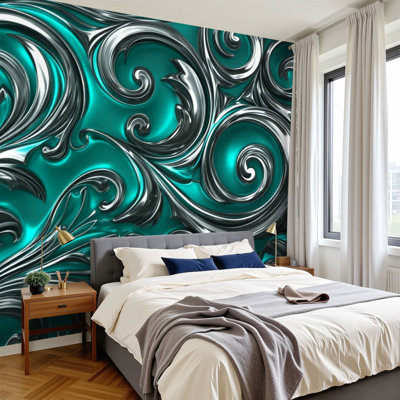 Peel and Stick Wallpaper Silver Ornamental Swirl Teal 3D Metallic Decorative Design Wall Murals 100"H x 144"W Removable PVC Wall Paper Self-Adhesive Wall Decor for Bedroom Living Room Home Office