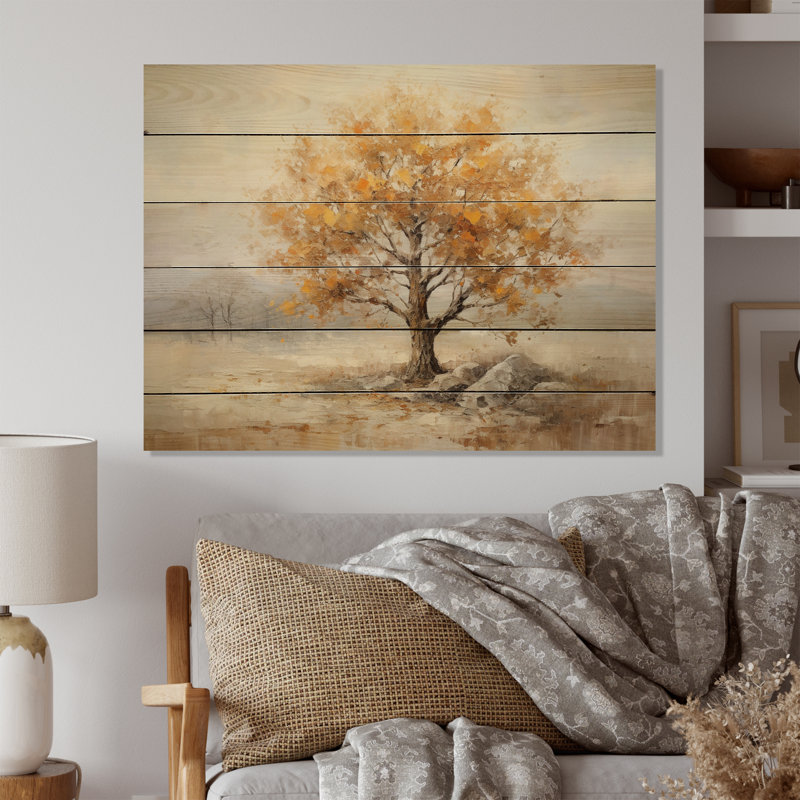 Minimalisme, chêne chatoyant, automne II, sur bois, H 24 po x l 32 po x P 0,78 po