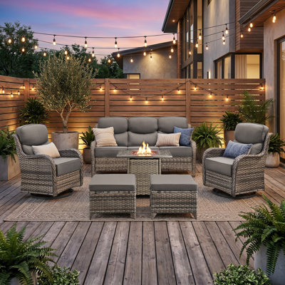 High Back Outdoor Furniture With 6-Inch Extra Thick Cushions, Patio Furniture Set With Fire Pit Table & Swivel Chairs, 6 PCS Wicker Conversation Set For Yard, Deck, Poolside
