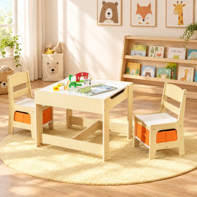 Ensemble de 3 tables d'activités pour enfants et 2 chaises avec tableau noir réversible et plateau blanc, tiroirs de rangement et bacs, naturel