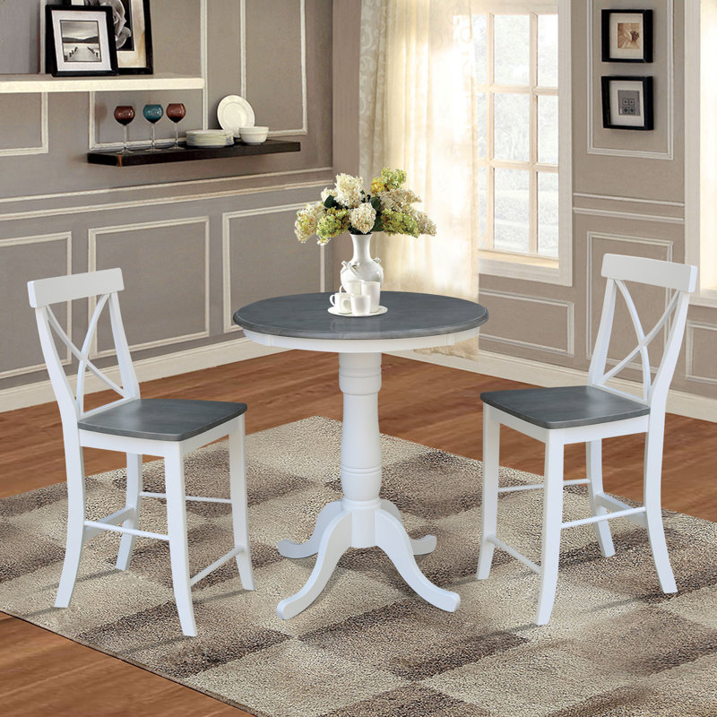 Ensemble de table ronde 3 pièces à hauteur de comptoir Dhar, Gris chiné / Blanc