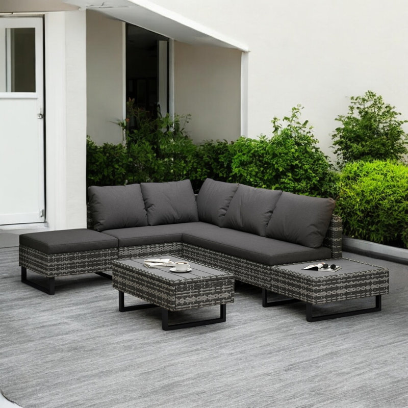 Elisamuel Rattan Corner Sofa Set with Coffee Table Garden Furniture Set Garden lounge for 4-5 people, Gradient Grey