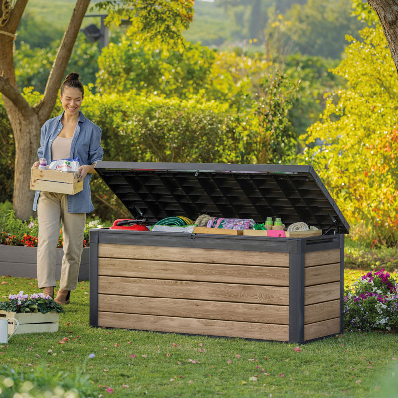 Keter Signature Collection 150 Gallon Durable Resin Outdoor Storage and Organization Deck Box Ideal For Garden Patio Furniture and Supplies, Ashwood