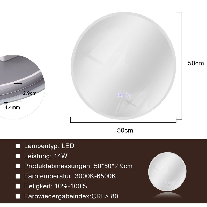 Bathroom mirror round touch with lighting dimmable 3000K-6500K wall mirror, 50 cm H x 50 cm W
