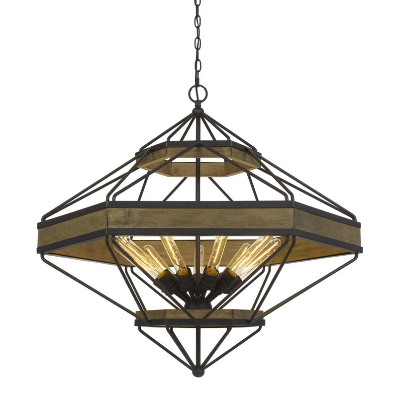 Lustre en bois et métal à neuf lumières, hauteur 85 cm, largeur 152 cm, 9 lampes, câblé