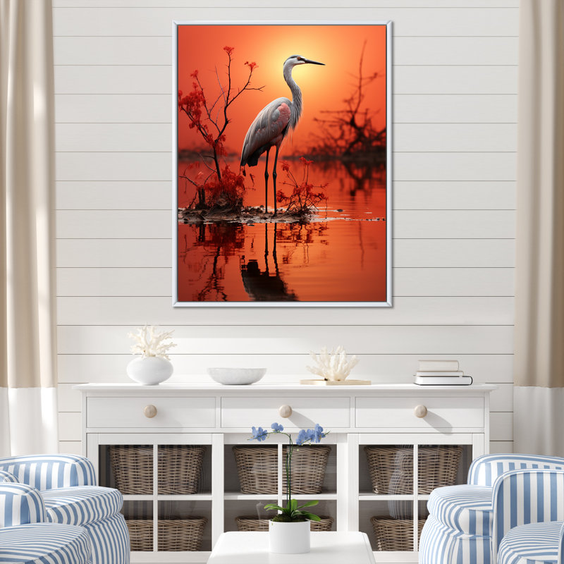 Flamant blanc élégant sur toile, H 44 po x l 34 po x P 1,5 po, Cadre flottant blanc