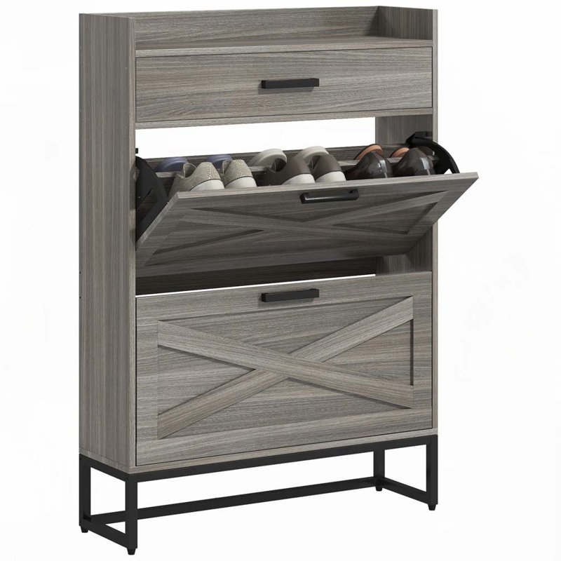 Narrow Shoe Cabinet, Industrial Shoe Storage Cabinet with 2 Flip Drawers, Gray