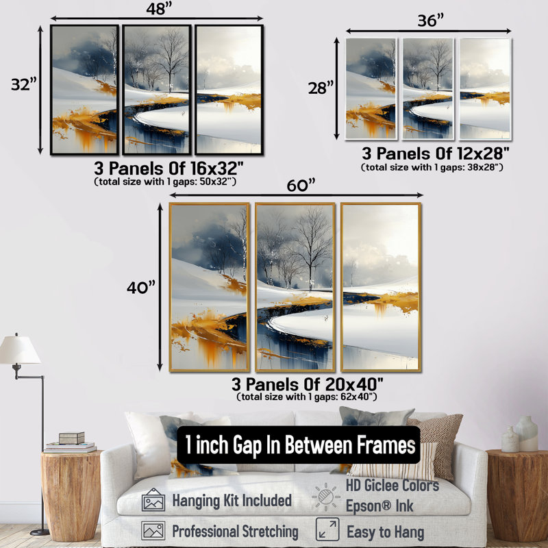 «Gold Frosted Morning I», ensemble d'art mural de Noël, Toile encadrée flottée blanche, H 32 po x l 48 po x P 1 po