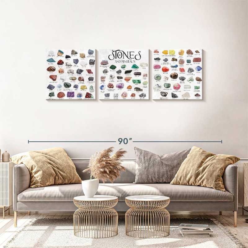 Tableau de pierres et de minéraux par Boho Mama - reproduction panoramique sur toile tendue 3 pièces