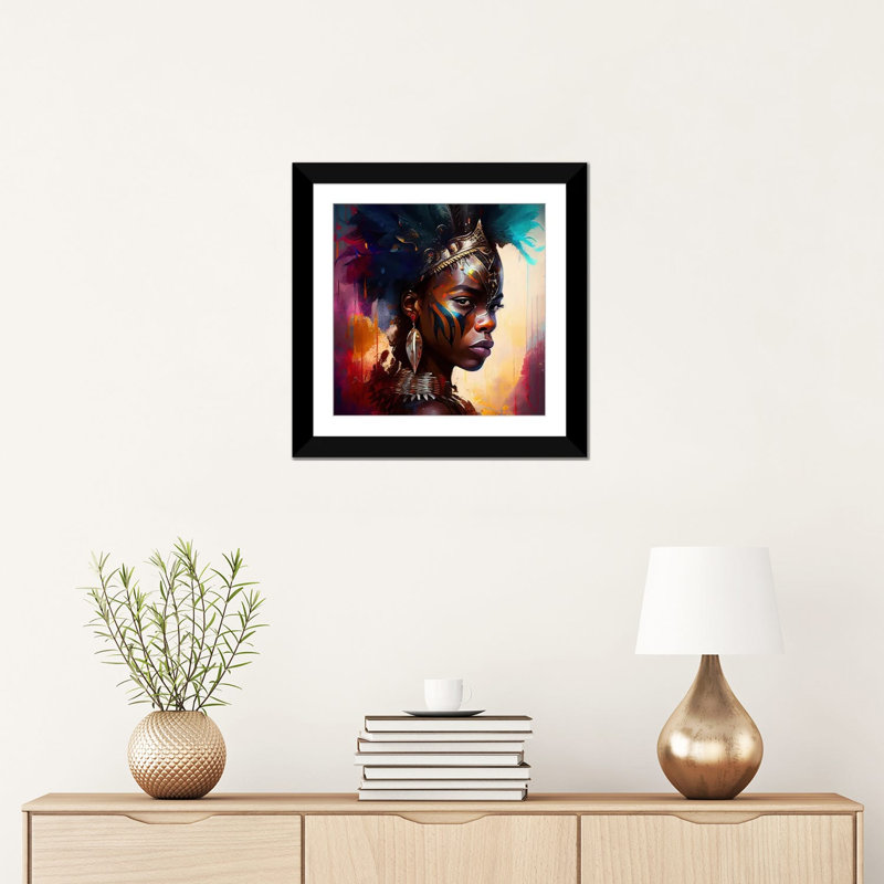 Powerful African Warrior Woman IV, Black Open Corner Frame Paper, 16" H x 16" W x 1" D