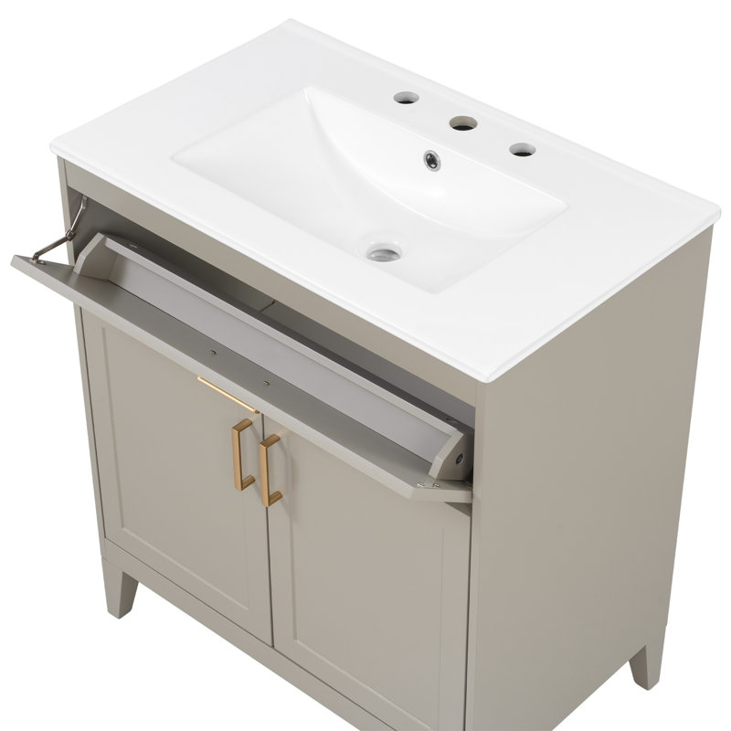 [Vidéo] Meuble-lavabo de 76 cm avec lavabo en céramique, pieds en bois massif, portes doubles à fermeture amortie et tiroir basculant, tablette intérieure réglable, rangements intégrés aux portes