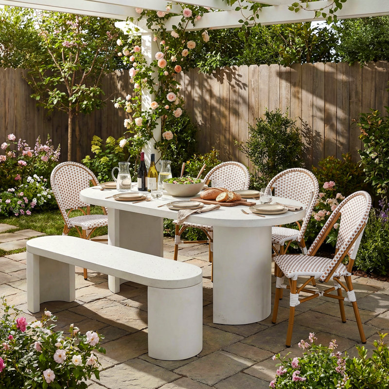 Seabreeze Modern Coastal Organic Terrazzo Aluminum Patio Dining Set With Handcrafted Table And Woven Rattan Chairs