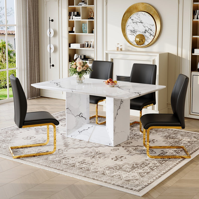 Ensemble de table de salle à manger rectangulaire de 63 po pour 4 personnes, table de salle à manger avec chaises en similicuir