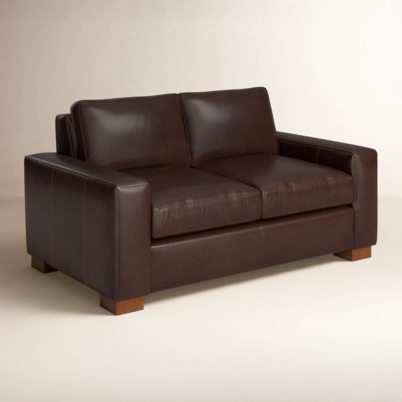 Causeuse à accoudoirs carrés en cuir véritable de 66 po de largeur Jonie, Cuir fleur Cordoba