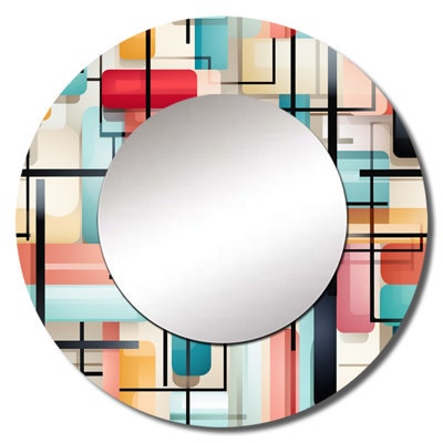 Geometric Green And Pink Gridlock - Geometric  Decorative Mirror, Black Round Wall Mirror, Printed Metal Art
