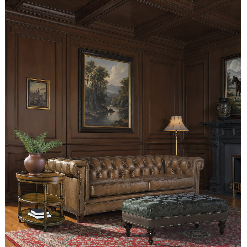 Chester Tufted Stationary Sofa, Brown Genuine Leather