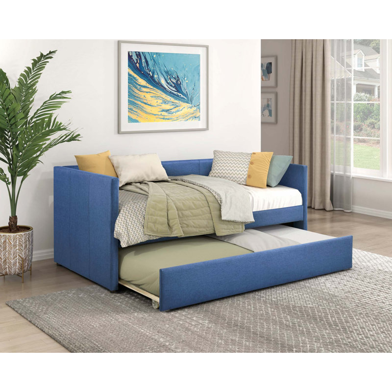 1Pc Daybed With Trundle Fabric Upholstery Wooden Frame Modern Home Furniture, Blue