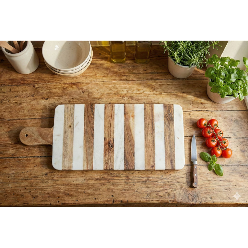 17" Marble & Wood Striped Cutting Board, Modern Farmhouse Charcuterie Platter for Entertaining
