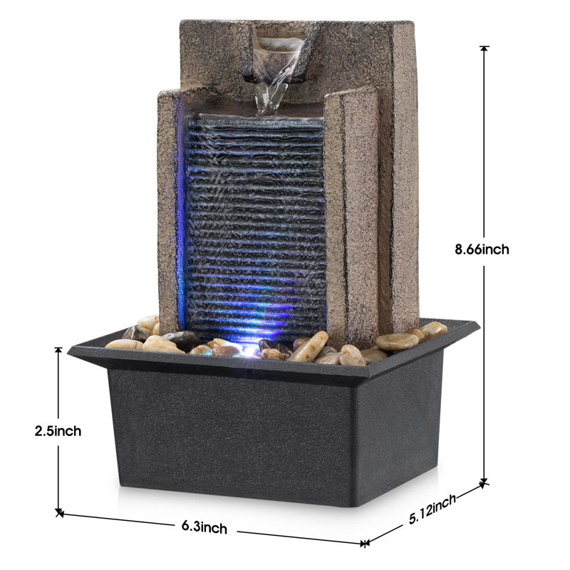 Modern Resin Tabletop Fountain with Colorful Lights and Natural River Rocks