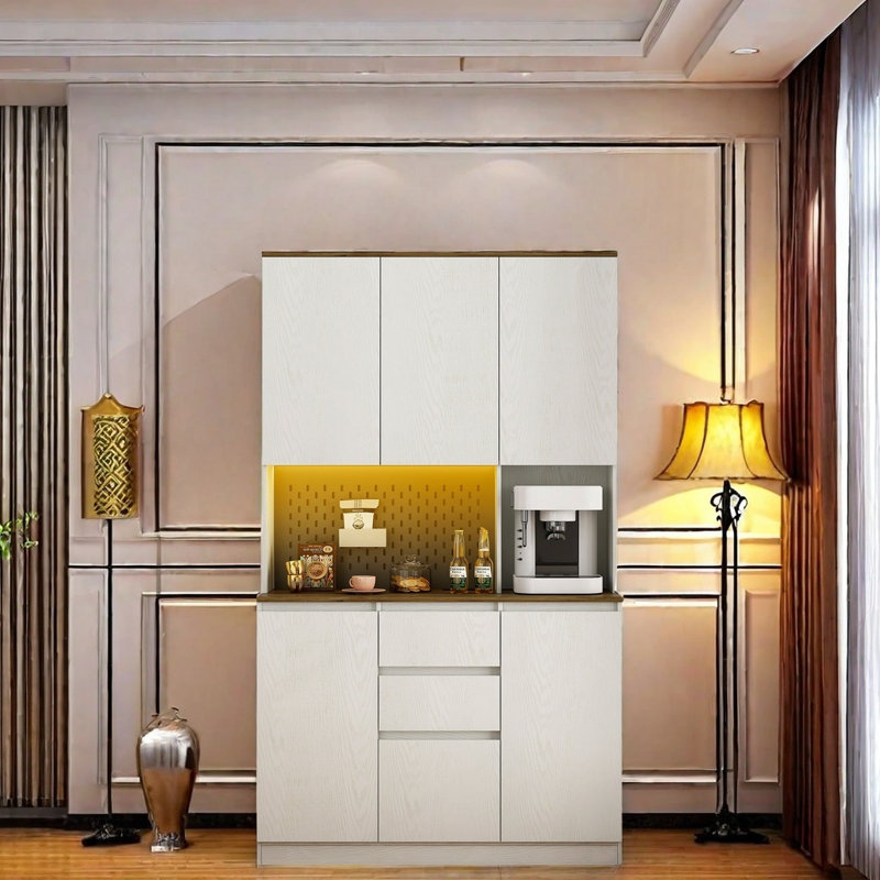Armoire de cuisine autoportante avec 3 prises de courant alternatif et 2 ports USB, buffet moderne avec tiroir, lumières à DEL et support pour micro-ondes, armoires de buffet pour la cuisine