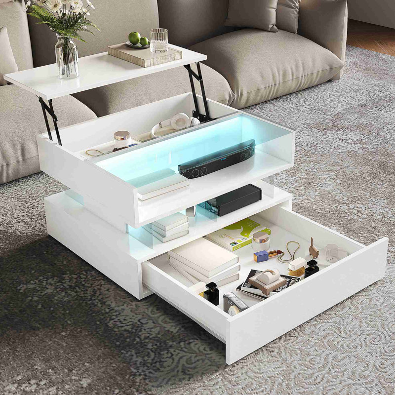 Table basse, blanc ultrabrillant, table d'appoint, table basse avec verre et effet DEL, avec tiroir de rangement, Blanc