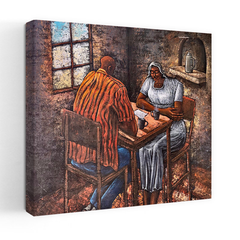 «Quiet Coffee Moment», art mural contemporain rustique, H 48 po x l 48 po