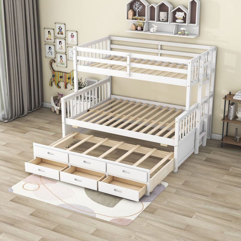 Geesa Twin Over Full Bunk Bed with Built-In Ladder , Trundle Bed Included, White