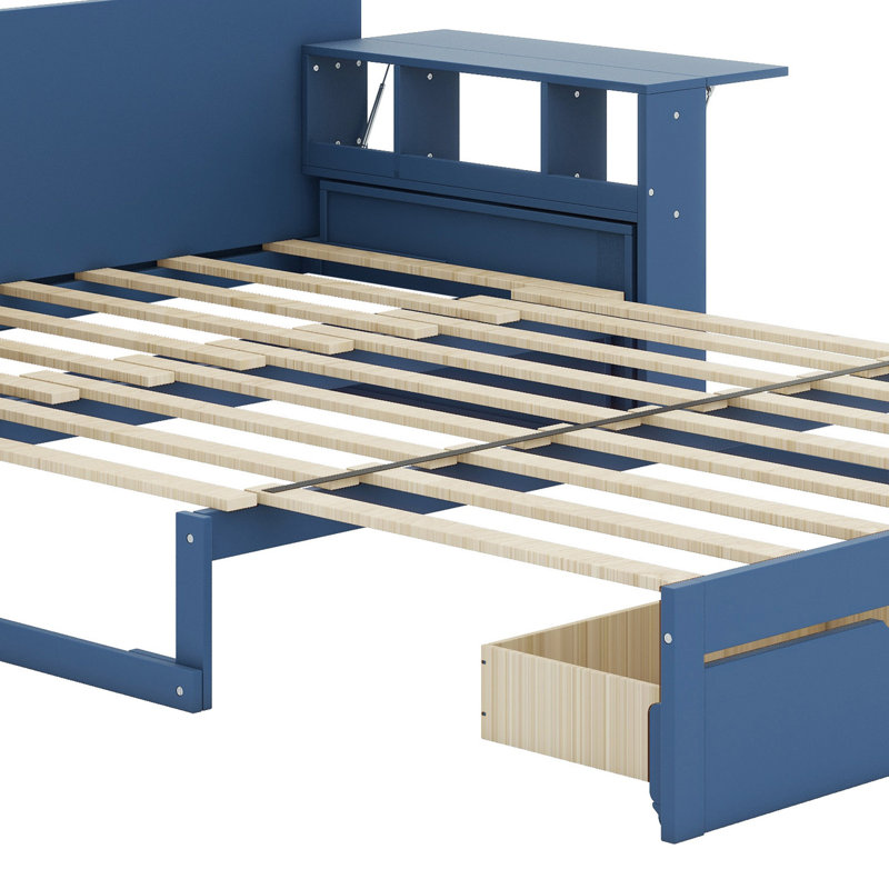 Lit de jour avec bureau amovible, tiroirs de rangement et table d'appoint hydraulique, Bleu, Grand lit