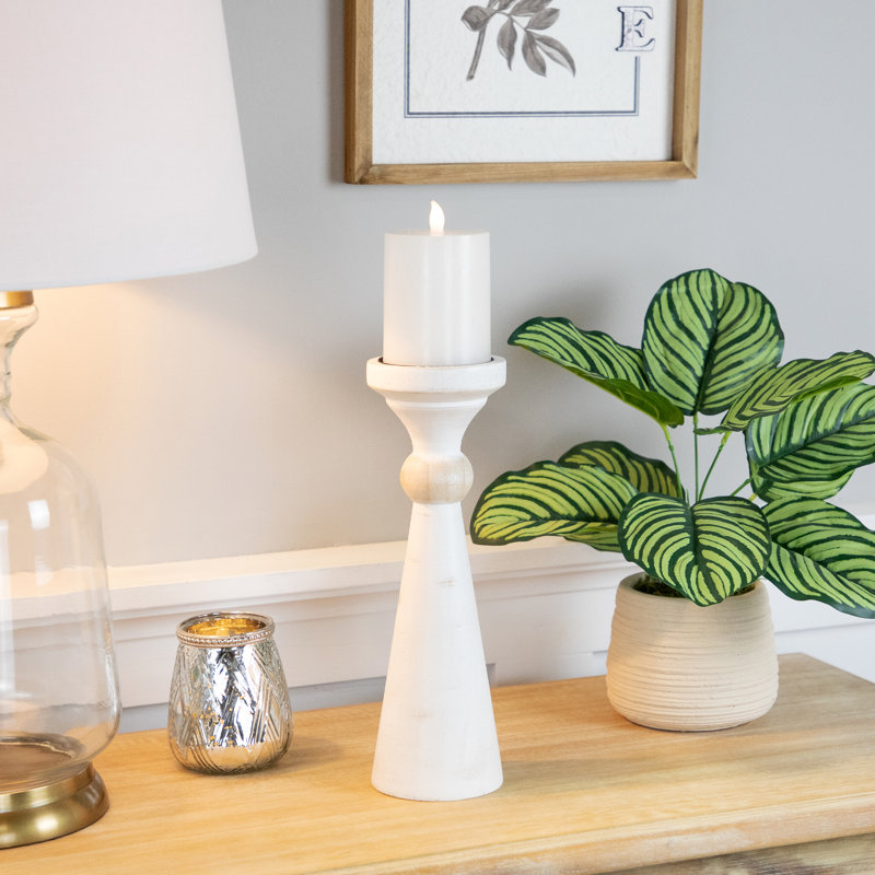 12'' H Wood Tabletop Candlestick, White