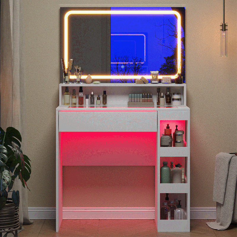 Vanity Desk with Illuminated Mirror & Power Outlet, Bedroom Dresser LED Mirror Stepless Dimmable & 3 Color Modes Adjustable, LED Tempered Glass Top, Large-Capacity Storage Shelving, White
