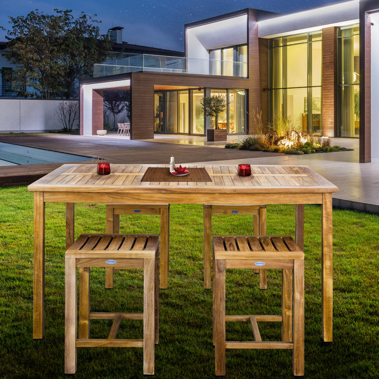 5 Piece Teak Wood Antigua Patio Counter Height Bistro Set With 63" Rectangular Table And 4 Stools
