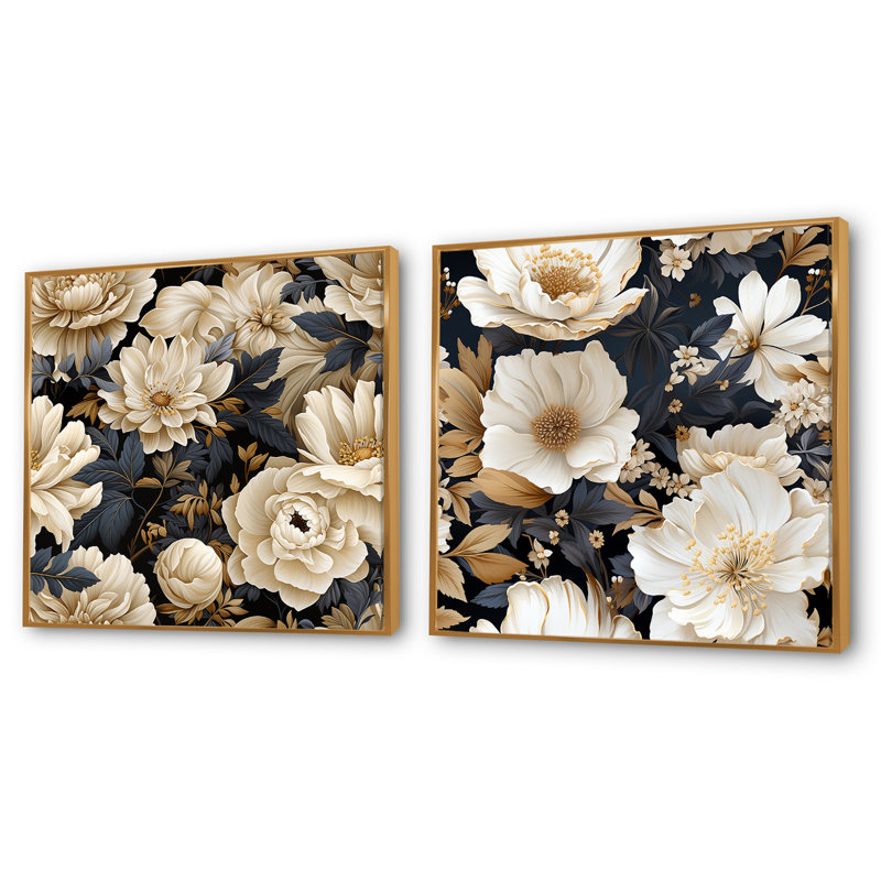 Matys - Ensemble de 2 collages carrés floraux, Cadre flottant doré, H 30 po x l 61 po