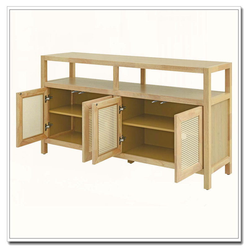 Bohemian Rattan Sideboard with Solid Wood Frame and Adjustable Shelves, Natural