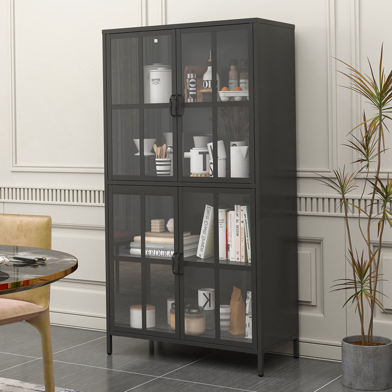 Premium Black Metal Storage Cabinet With Tempered Glass Doors, Adjustable Shelves