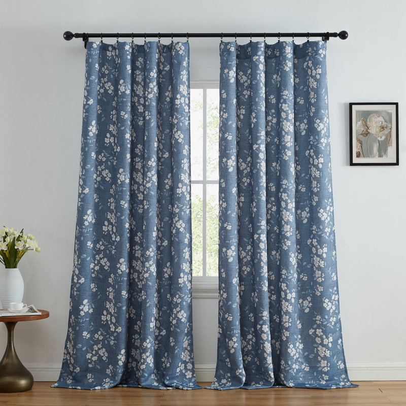 Lyllyan Floral Rod Pocket Window Curtains for Bedroom, 2 Panels, 52" W x 96" L, Blue