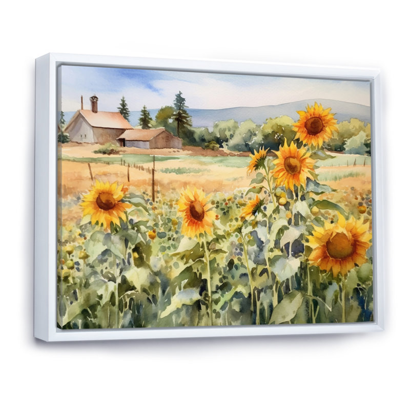Tournesol doré à la ferme IV - reproduction sur toile, H 24 po x l 32 po x P 1 po, Cadre flottant blanc