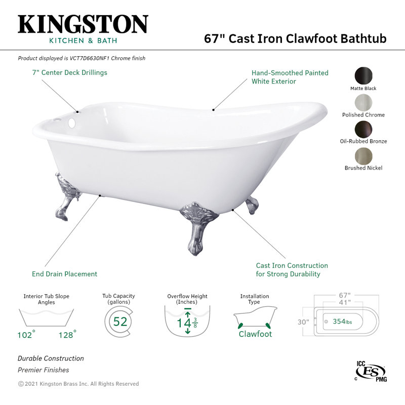 Kingston Brass Aqua Eden 67-Inch Cast Iron D-Shaped Single Slipper Clawfoot Tub (7-Inch Faucet Drillings)