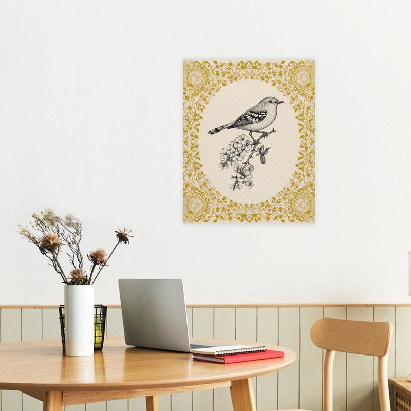Oiseau rétro sur branche, art mural encadré en bois 16 po x 20 po