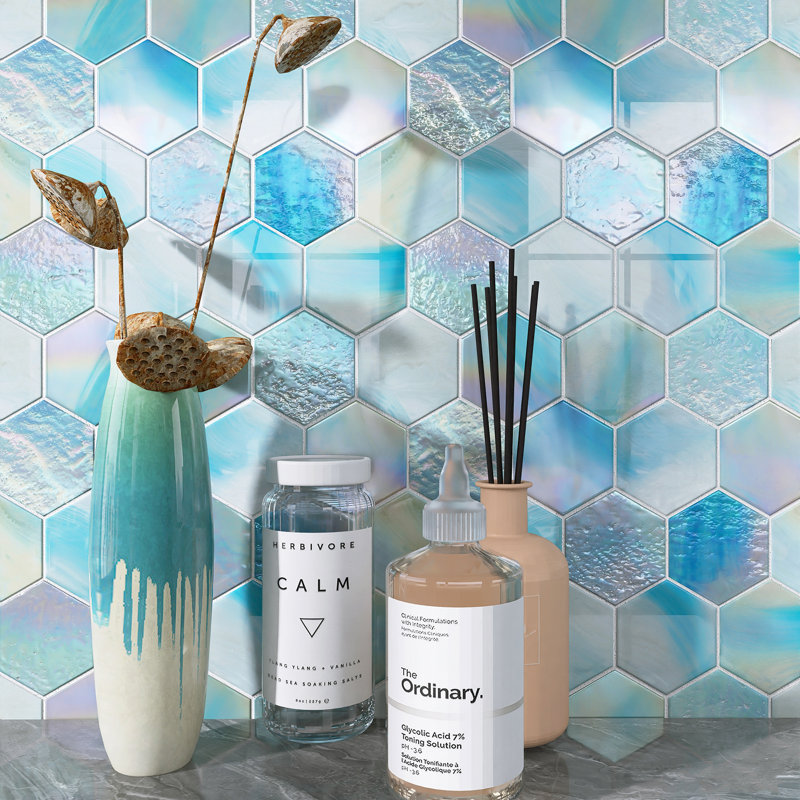 Aurora Glossy 3" x 3" Glass Hexagonal Mosaic Tile, Blue