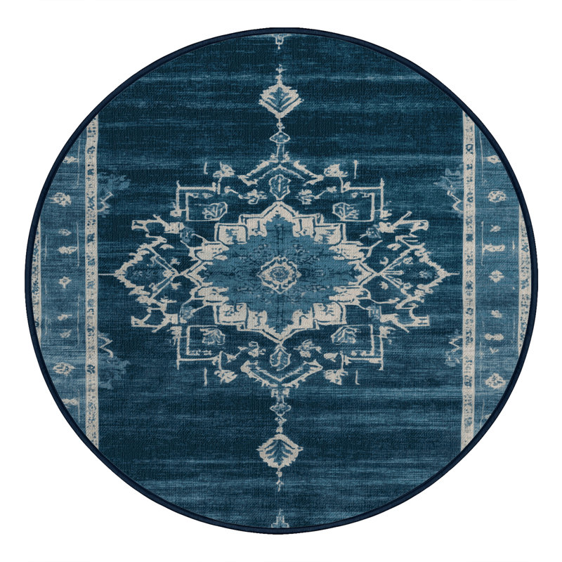 Machine Washable Overdyed Blue Area Rug, Round 6'
